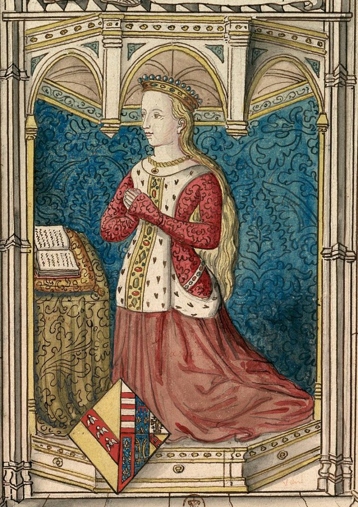 Représentation de Yolande d'Anjou d'après un vitrail du xve siècle, aujourd'hui disparu, qui se trouvait dans l'église des Cordeliers d'Angers.