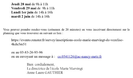 28 ET 29 MAI / 1ER ET 2 JUIN 26 – INSCRIPTION SCOLAIRE RENTREE 2026/2027